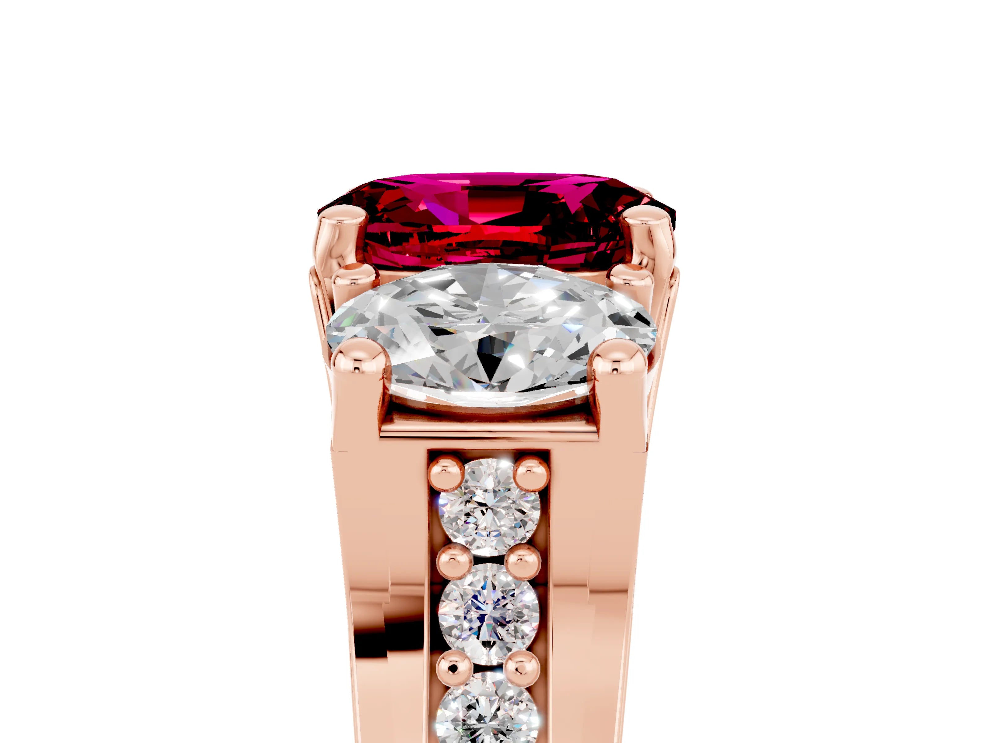 Rose gold Oval Cut Garnet Three-Stone Ring with Channel Set Band and Four-Prong Setting_5