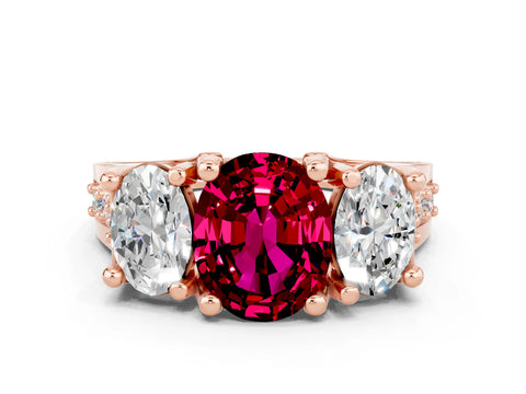 Rose gold Oval Cut Garnet Three-Stone Ring with Channel Set Band and Four-Prong Setting