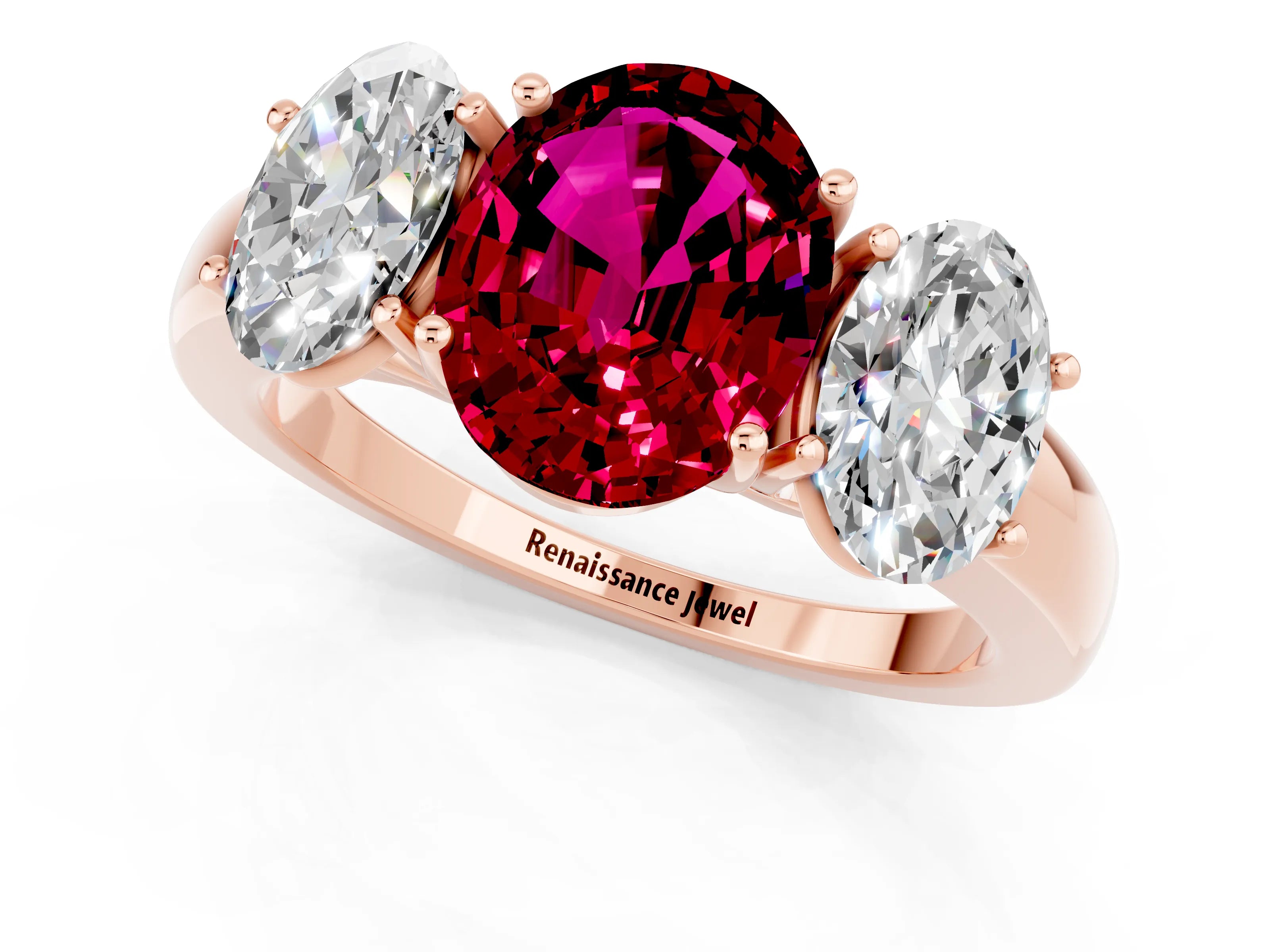 Rose gold Oval Cut Garnet Three-Stone Ring with Four-Prong Setting and Classic Band_1