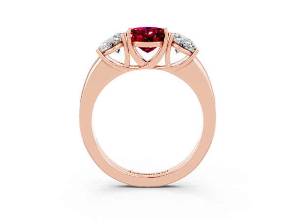 Rose gold Oval Cut Garnet Three-Stone Ring with Four-Prong Setting and Classic Band