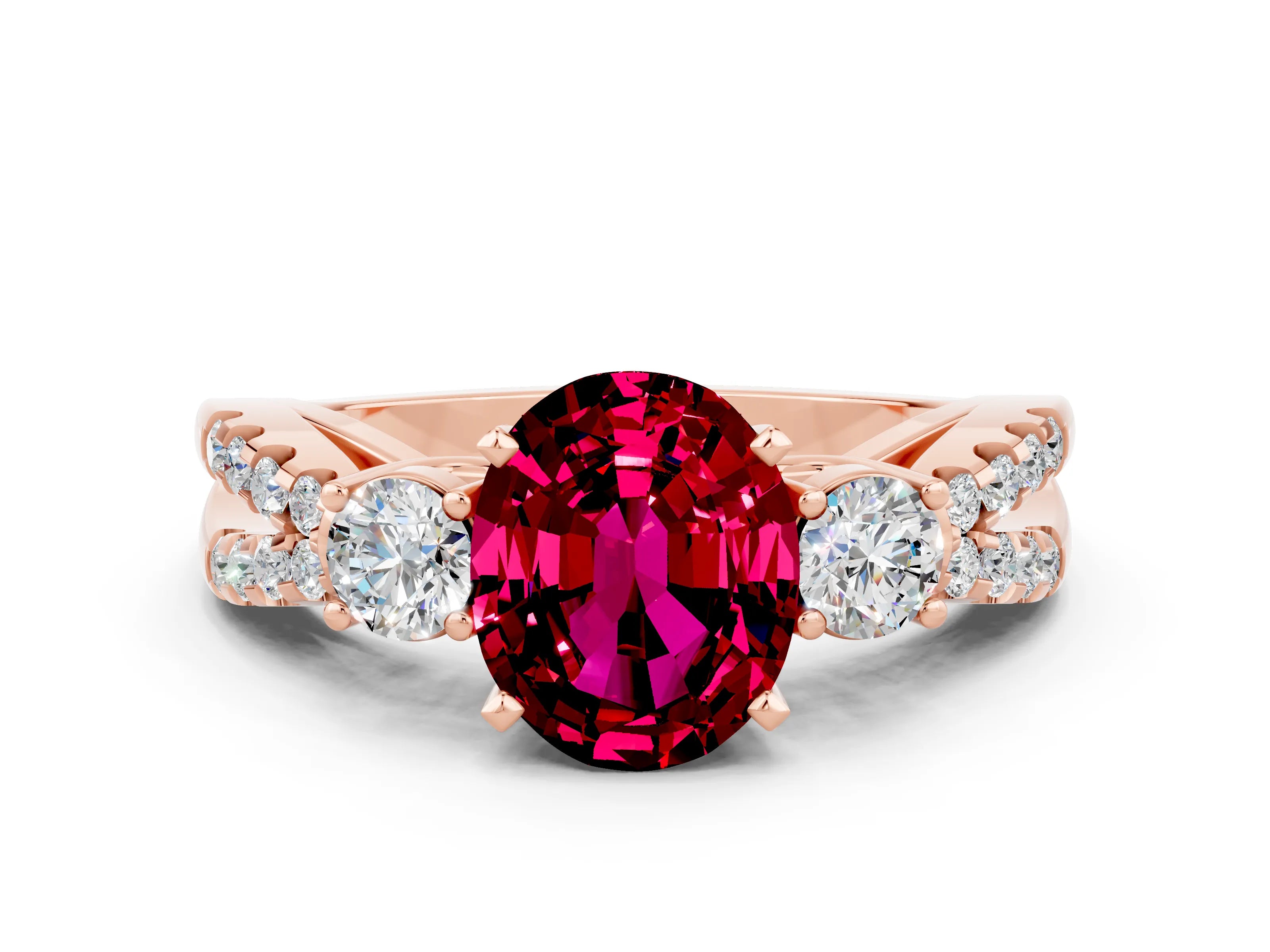 Rose gold Oval Cut Garnet Three-Stone Ring with Pavé Split Shank and Four-Prong Setting_12