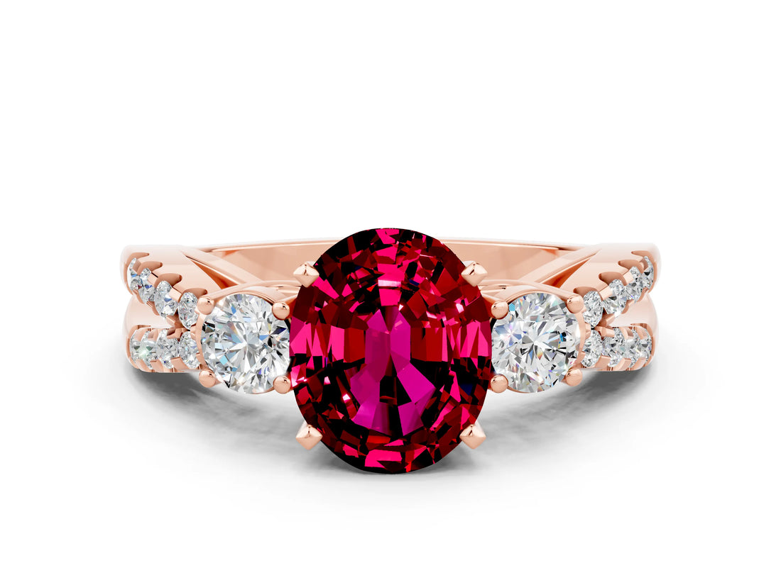 Rose gold Oval Cut Garnet Three-Stone Ring with Pavé Split Shank and Four-Prong Setting_12