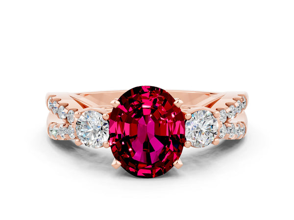 Rose gold Oval Cut Garnet Three-Stone Ring with Pavé Split Shank and Four-Prong Setting