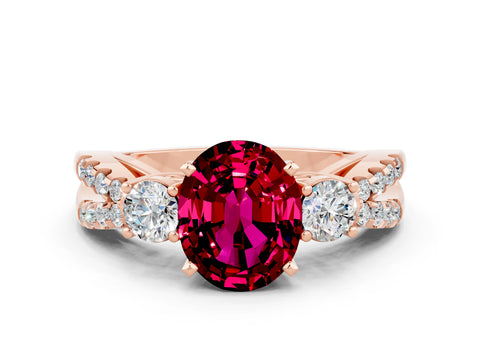 Rose gold Oval Cut Garnet Three-Stone Ring with Pavé Split Shank and Four-Prong Setting_12