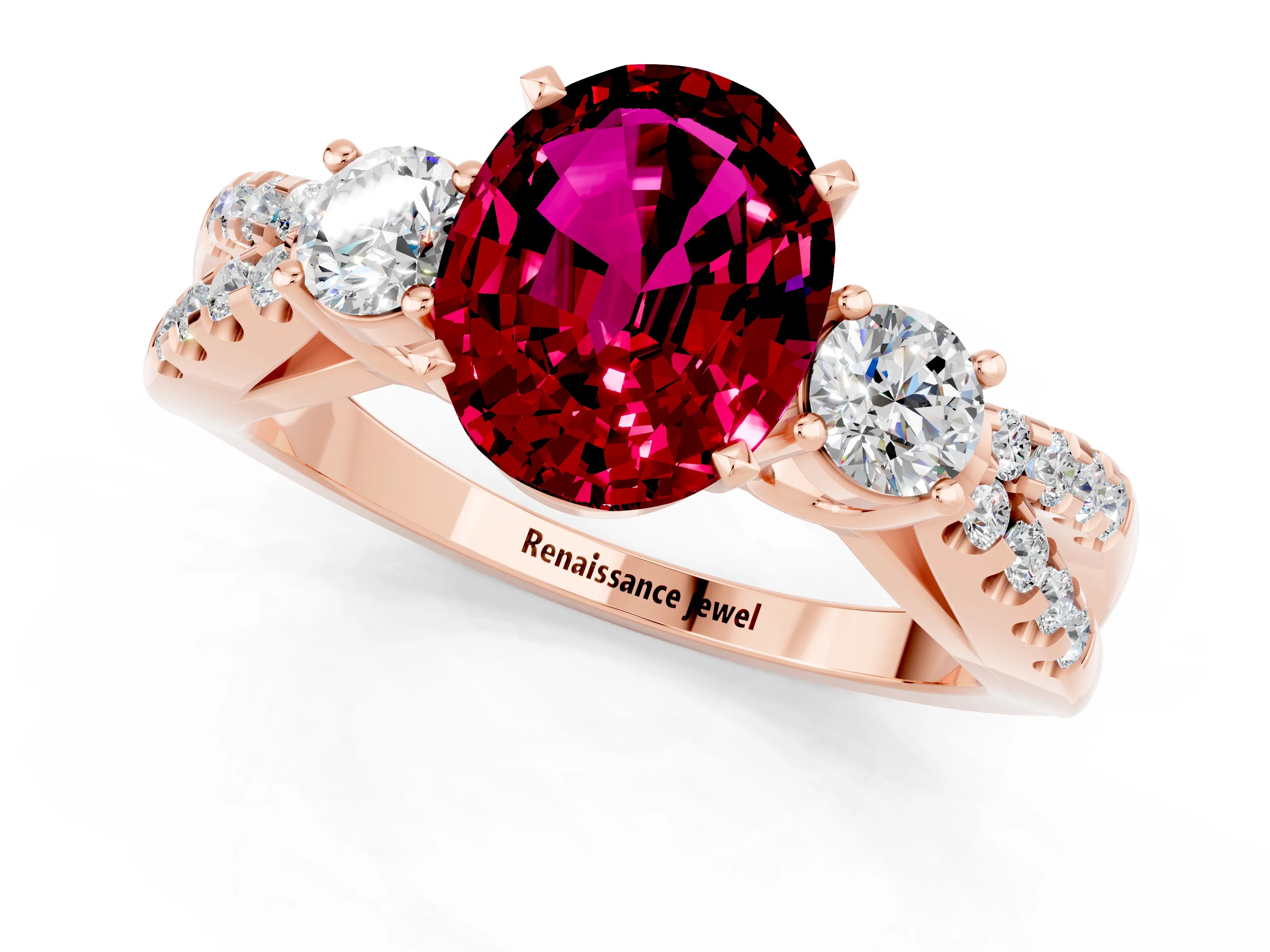 Rose gold Oval Cut Garnet Three-Stone Ring with Pavé Split Shank and Four-Prong Setting_13
