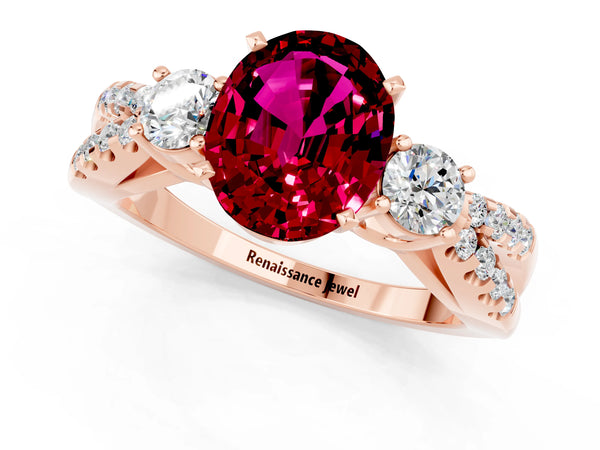 Rose gold Oval Cut Garnet Three-Stone Ring with Pavé Split Shank and Four-Prong Setting