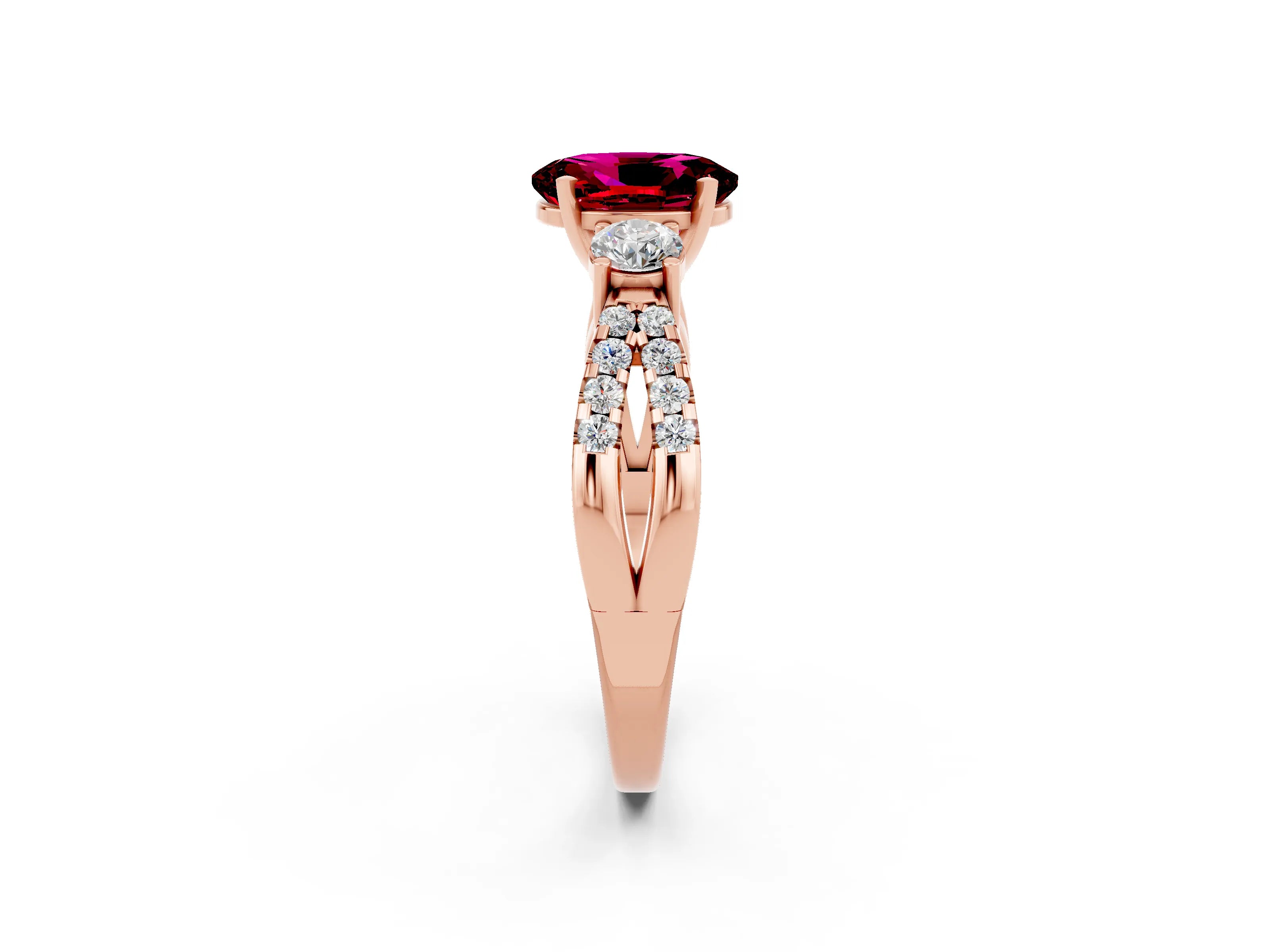 Rose gold Oval Cut Garnet Three-Stone Ring with Pavé Split Shank and Four-Prong Setting_14