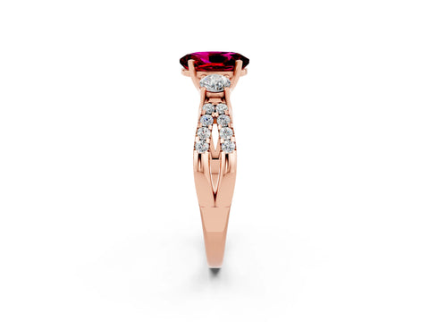 Rose gold Oval Cut Garnet Three-Stone Ring with Pavé Split Shank and Four-Prong Setting_14