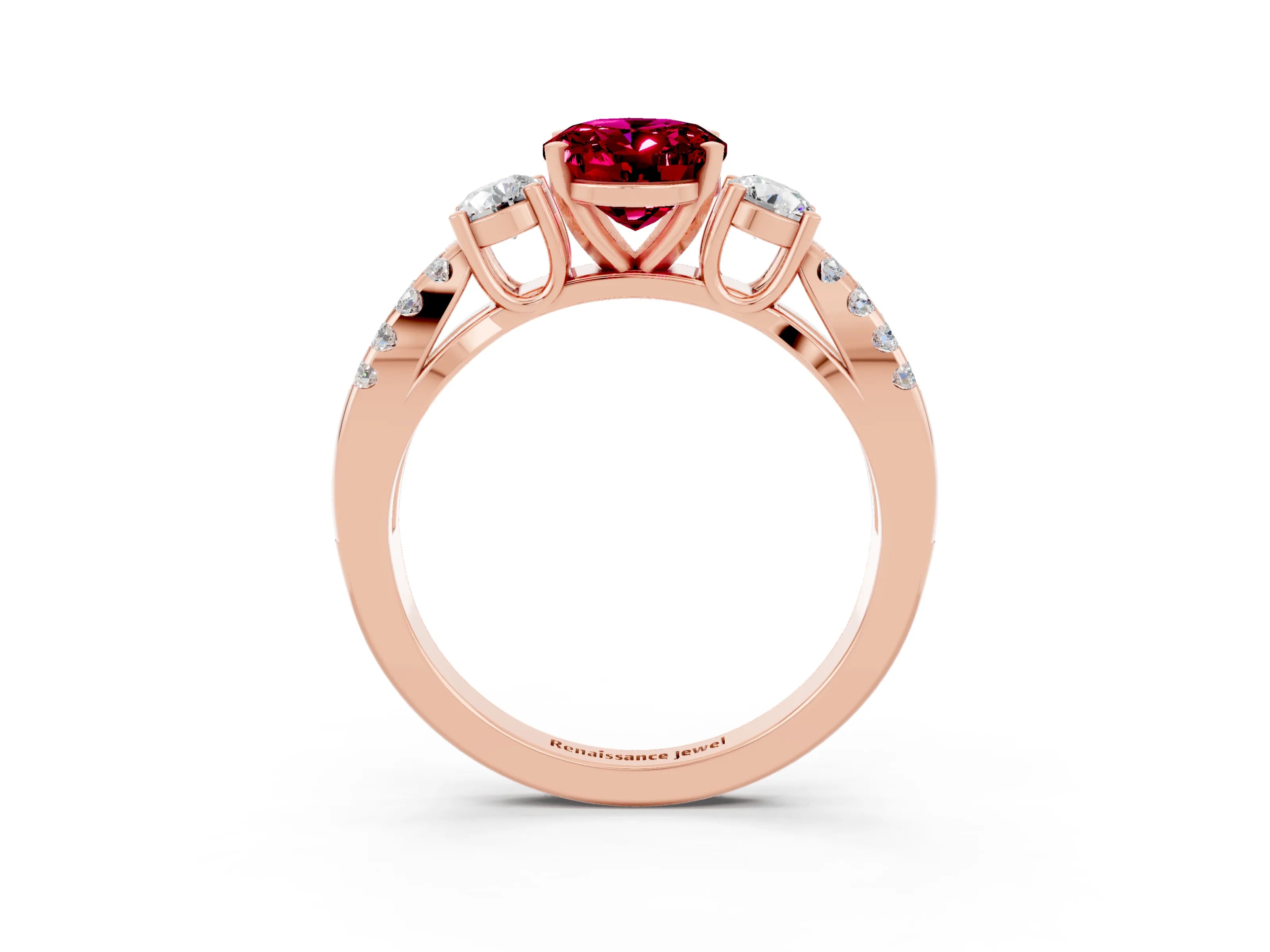 Rose gold Oval Cut Garnet Three-Stone Ring with Pavé Split Shank and Four-Prong Setting_15