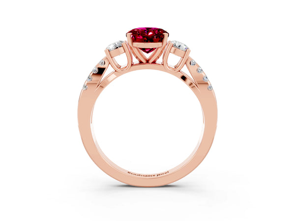 Rose gold Oval Cut Garnet Three-Stone Ring with Pavé Split Shank and Four-Prong Setting