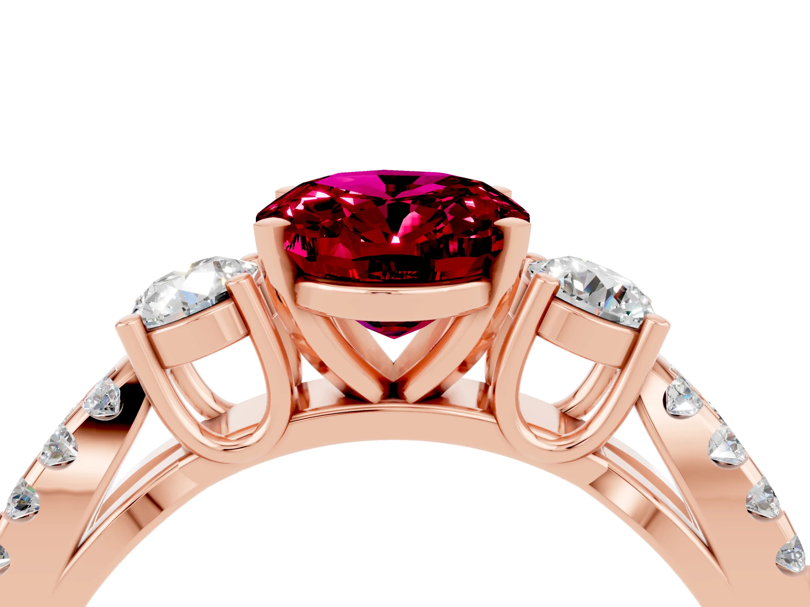 Rose gold Oval Cut Garnet Three-Stone Ring with Pavé Split Shank and Four-Prong Setting_16