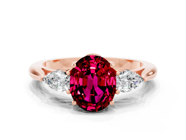 Rose gold Oval Cut Garnet Three-Stone Ring with Pear  Side Stones and Prong Setting
