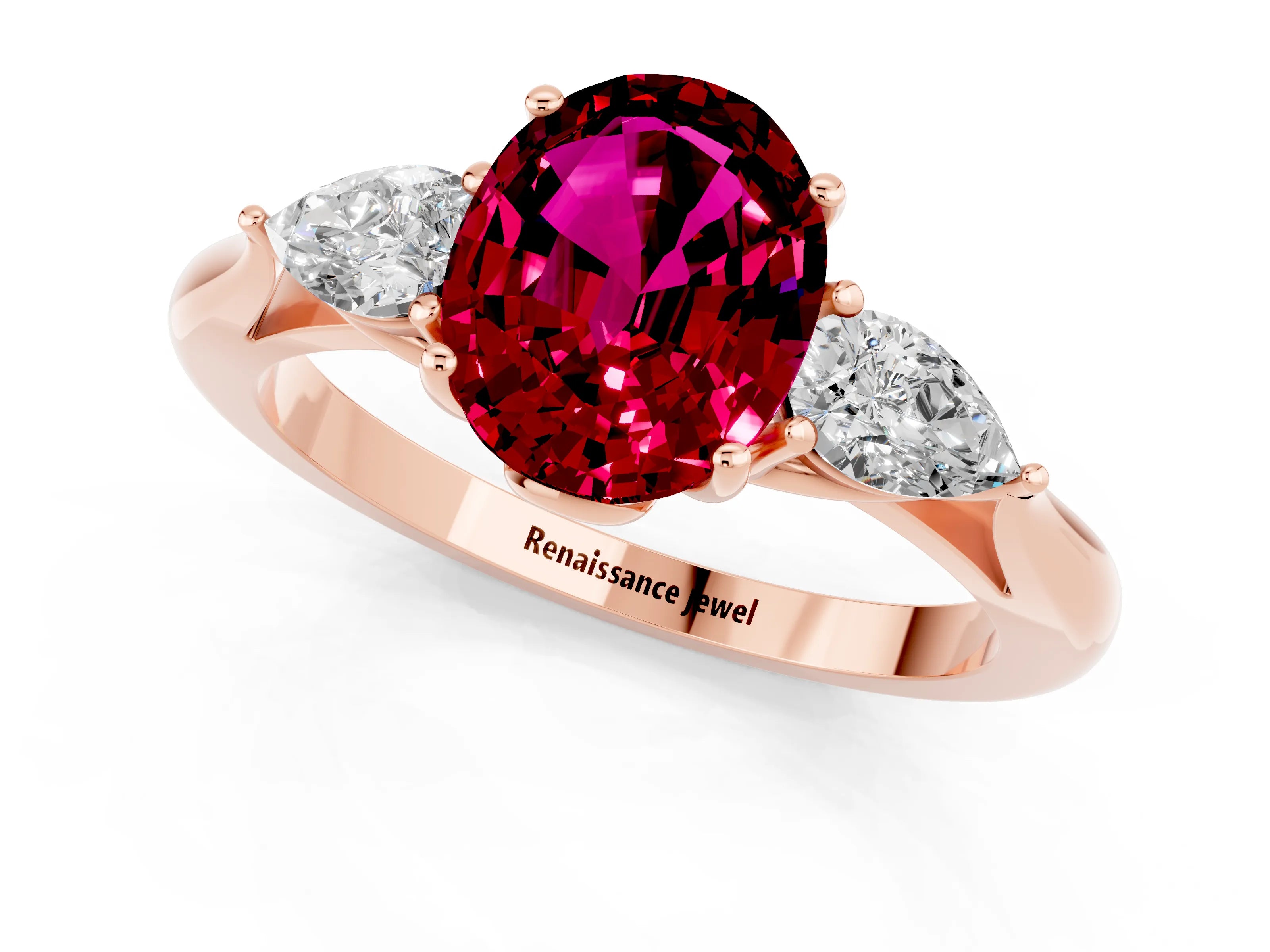 Rose gold Oval Cut Garnet Three-Stone Ring with Pear Side Stones and Four-Prong Setting_13
