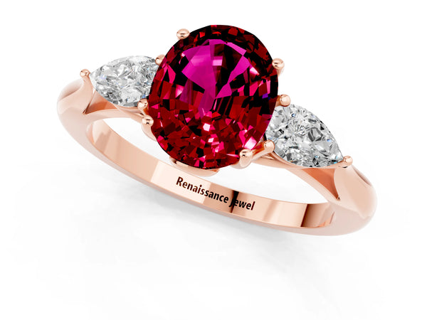 Rose gold Oval Cut Garnet Three-Stone Ring with Pear  Side Stones and Prong Setting