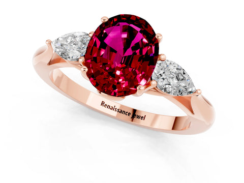 Rose gold Oval Cut Garnet Three-Stone Ring with Pear Side Stones and Four-Prong Setting_13