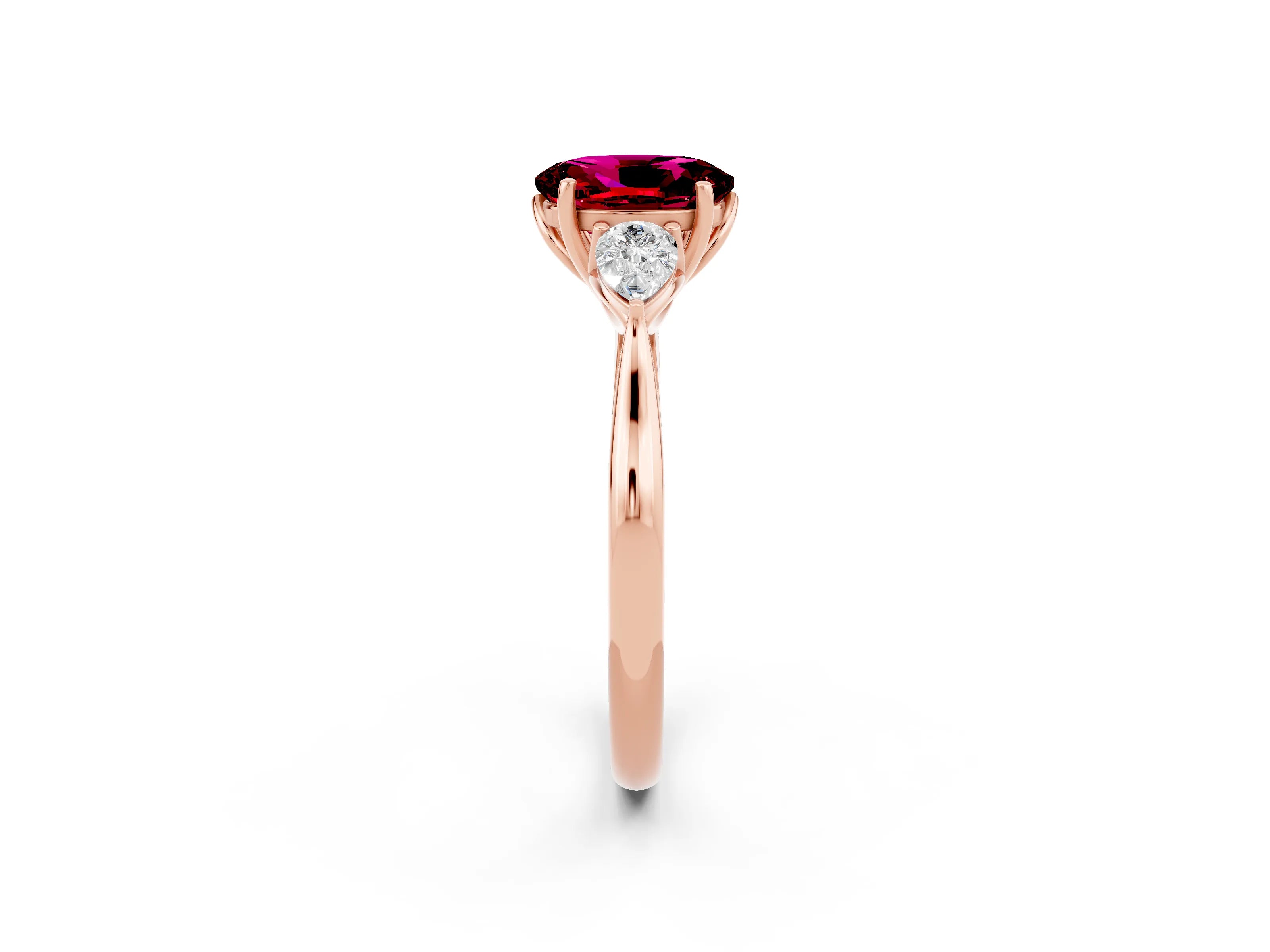 Rose gold Oval Cut Garnet Three-Stone Ring with Pear Side Stones and Four-Prong Setting_14