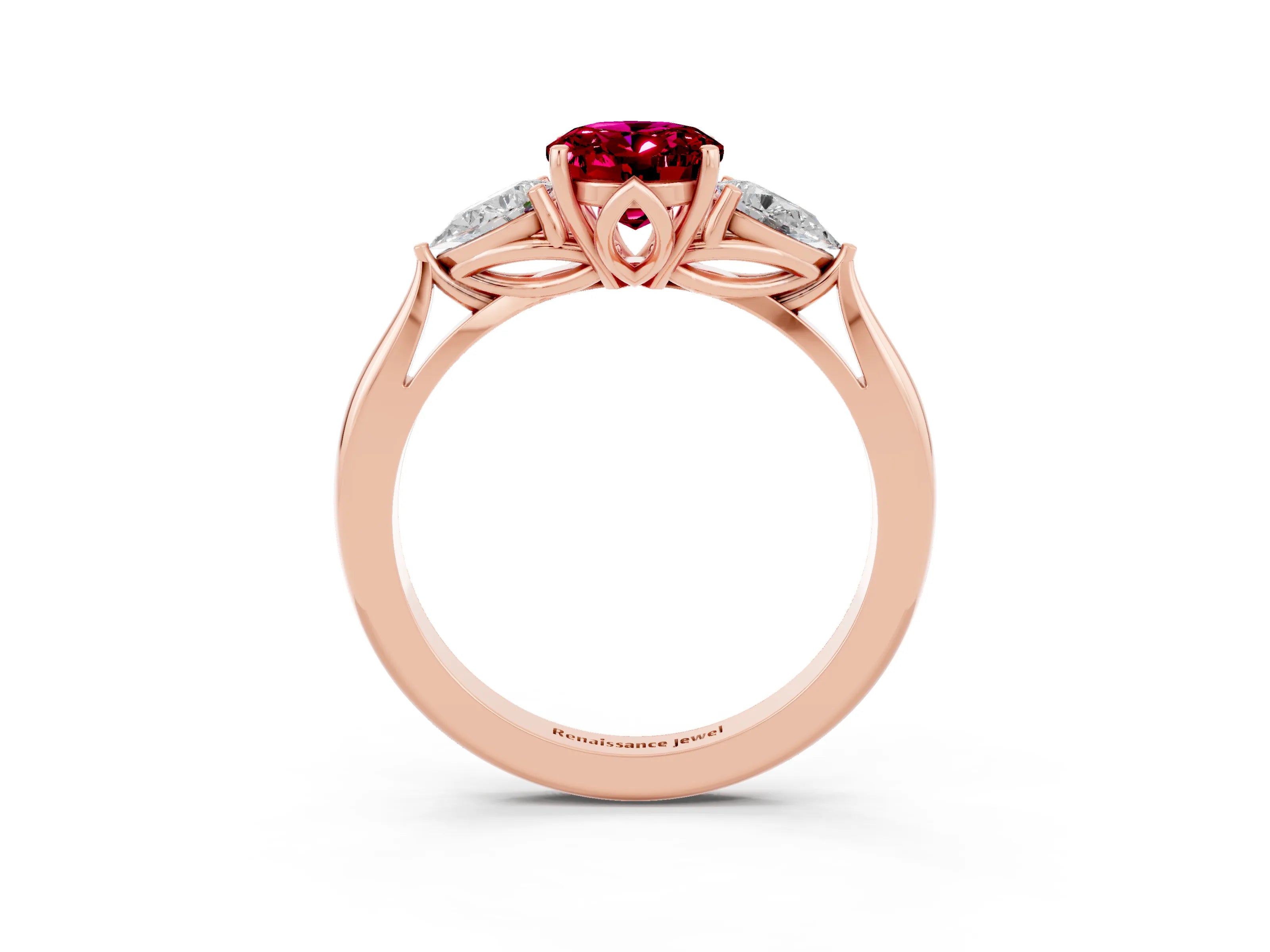 Rose gold Oval Cut Garnet Three-Stone Ring with Pear Side Stones and Four-Prong Setting_15