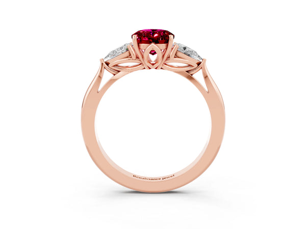 Rose gold Oval Cut Garnet Three-Stone Ring with Pear  Side Stones and Prong Setting
