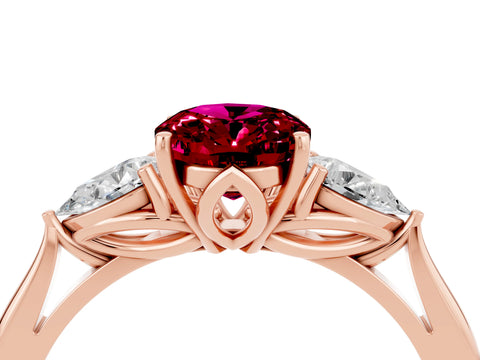 Rose gold Oval Cut Garnet Three-Stone Ring with Pear Side Stones and Four-Prong Setting_16