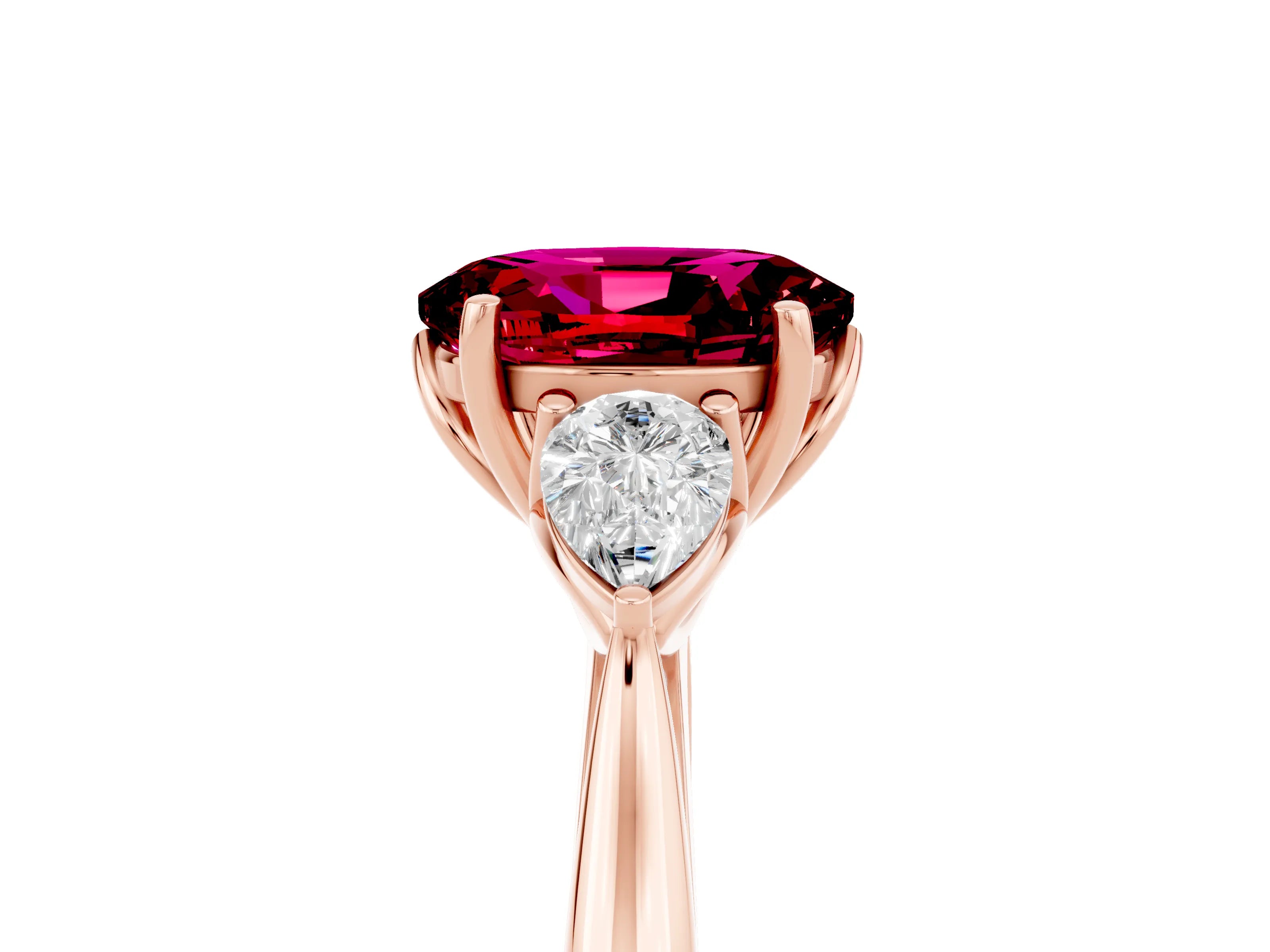 Rose gold Oval Cut Garnet Three-Stone Ring with Pear Side Stones and Four-Prong Setting_17