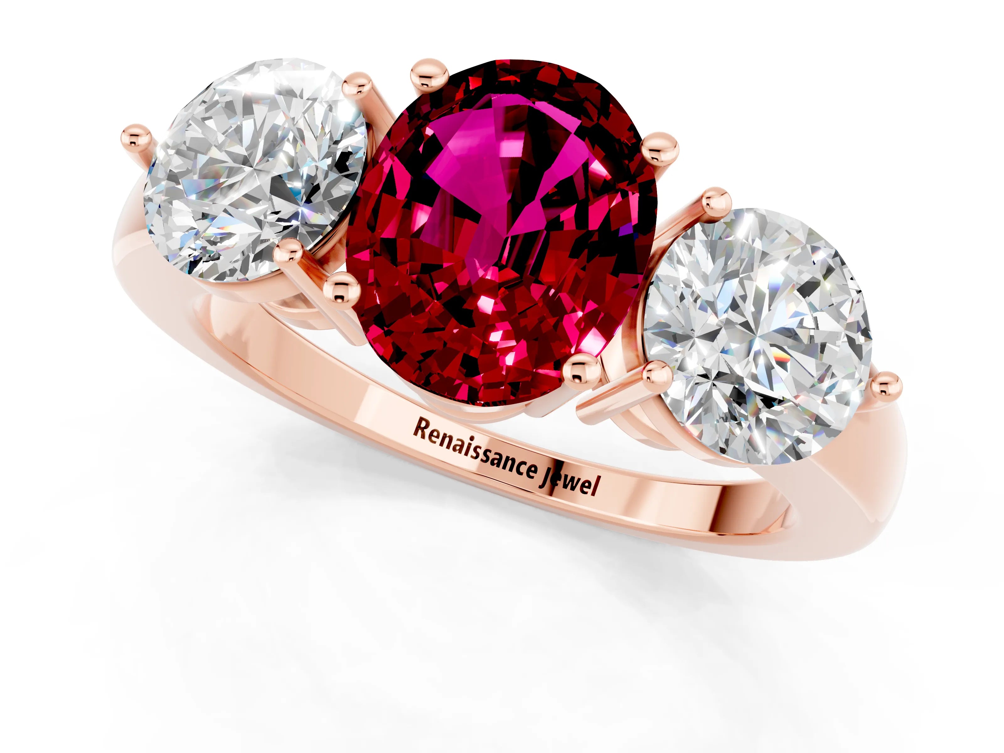 Rose gold Oval Cut Garnet Three-Stone Ring with Prong Setting and Classic Band_1