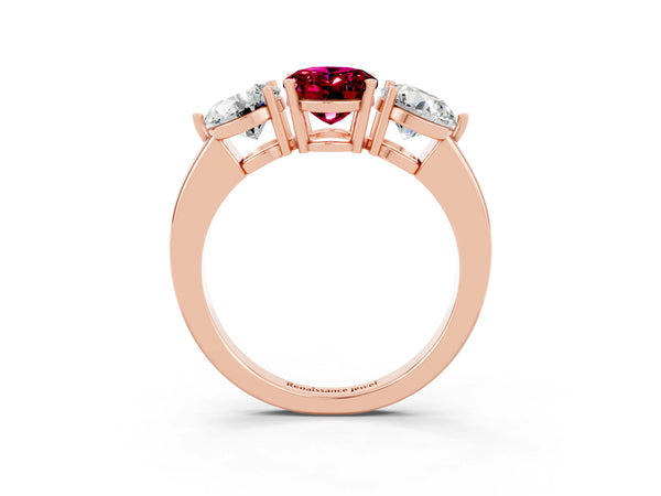 Rose gold Oval Cut Garnet Three-Stone Ring with Prong Setting and Classic Band
