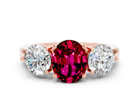 Rose gold Oval Cut Garnet Three-Stone Ring with Prong Setting and Classic Band