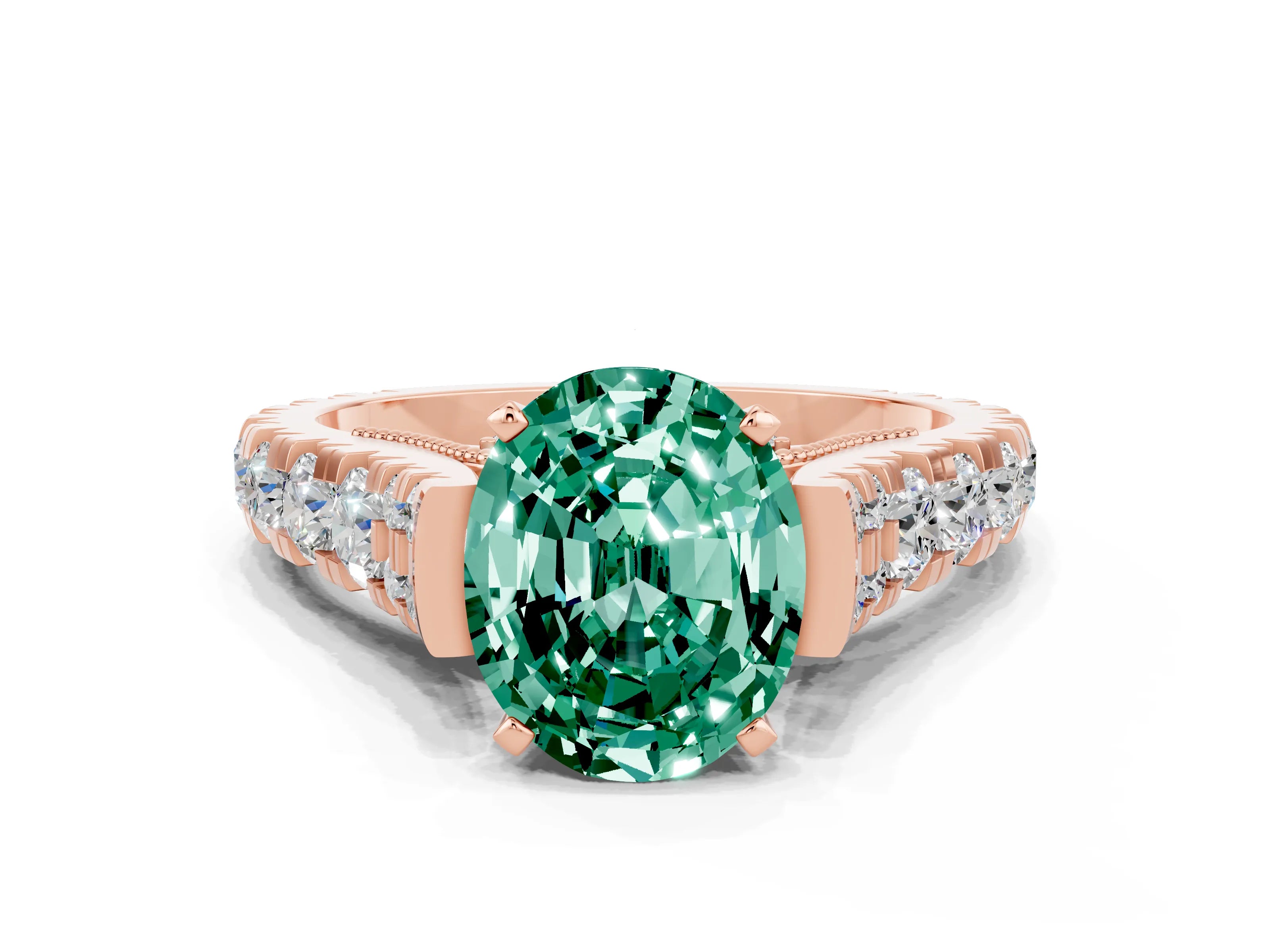Rose gold Oval Cut Green Sapphire Classic Solitaire Ring with Pavé Band and Four-Prong Setting