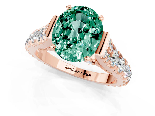 Rose gold Oval Cut Green Sapphire Classic Solitaire Ring with Pavé Band and Four-Prong Setting