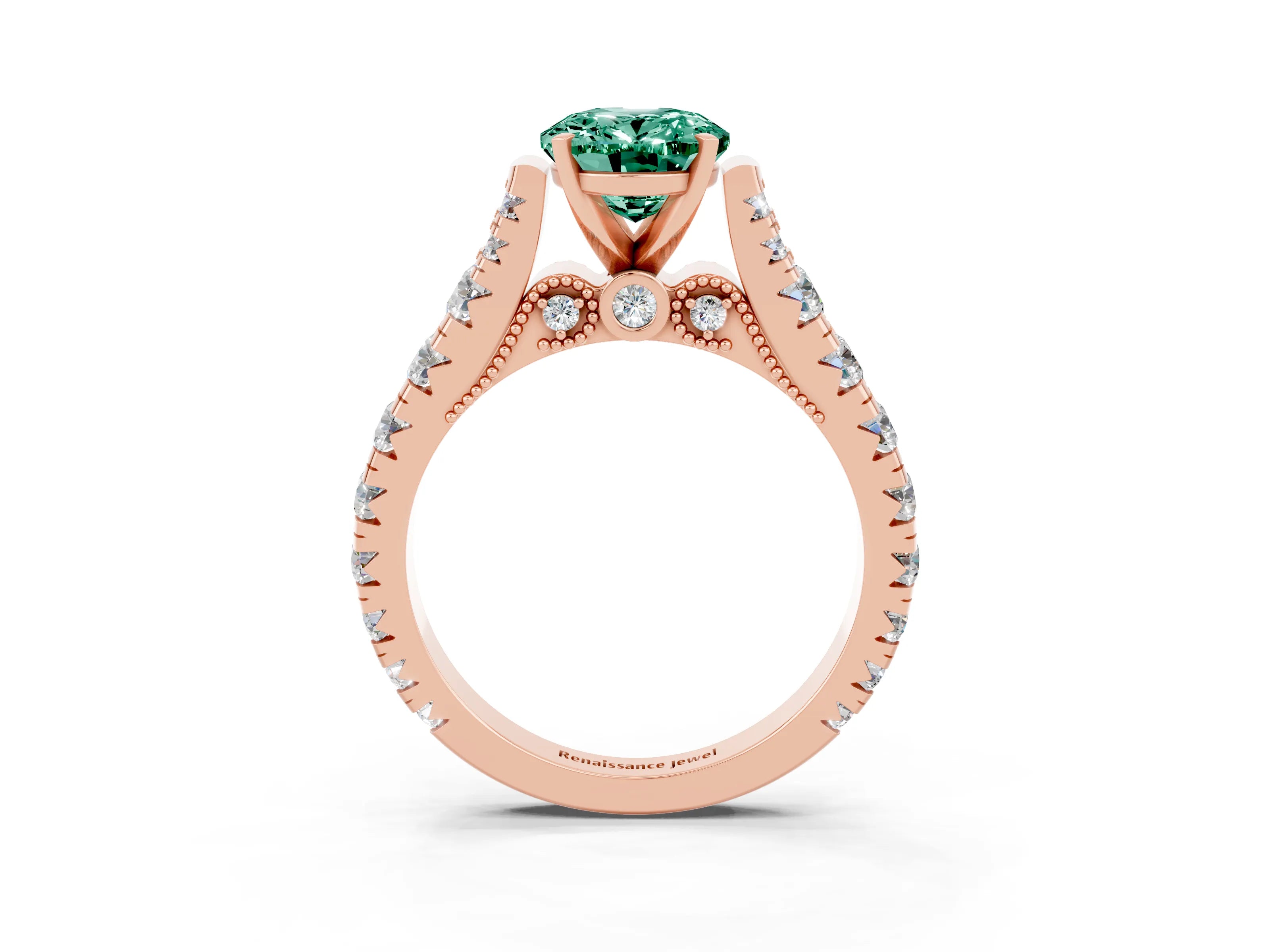 Rose gold Oval Cut Green Sapphire Classic Solitaire Ring with Pavé Band and Four-Prong Setting_3