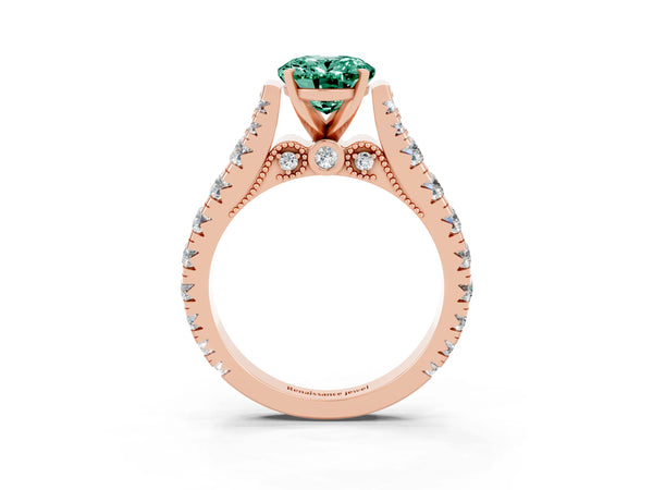 Rose gold Oval Cut Green Sapphire Classic Solitaire Ring with Pavé Band and Four-Prong Setting