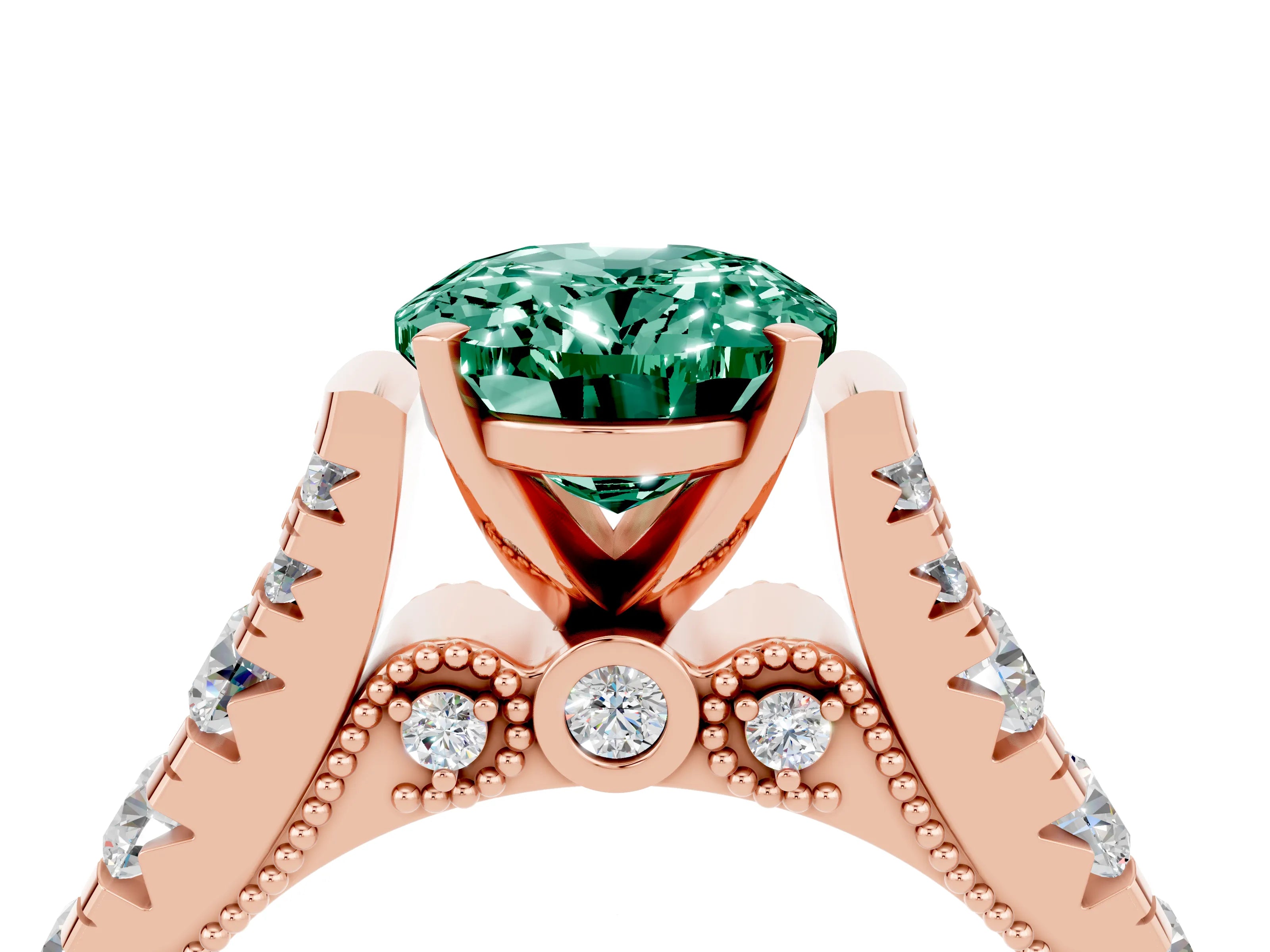 Rose gold Oval Cut Green Sapphire Classic Solitaire Ring with Pavé Band and Four-Prong Setting_4