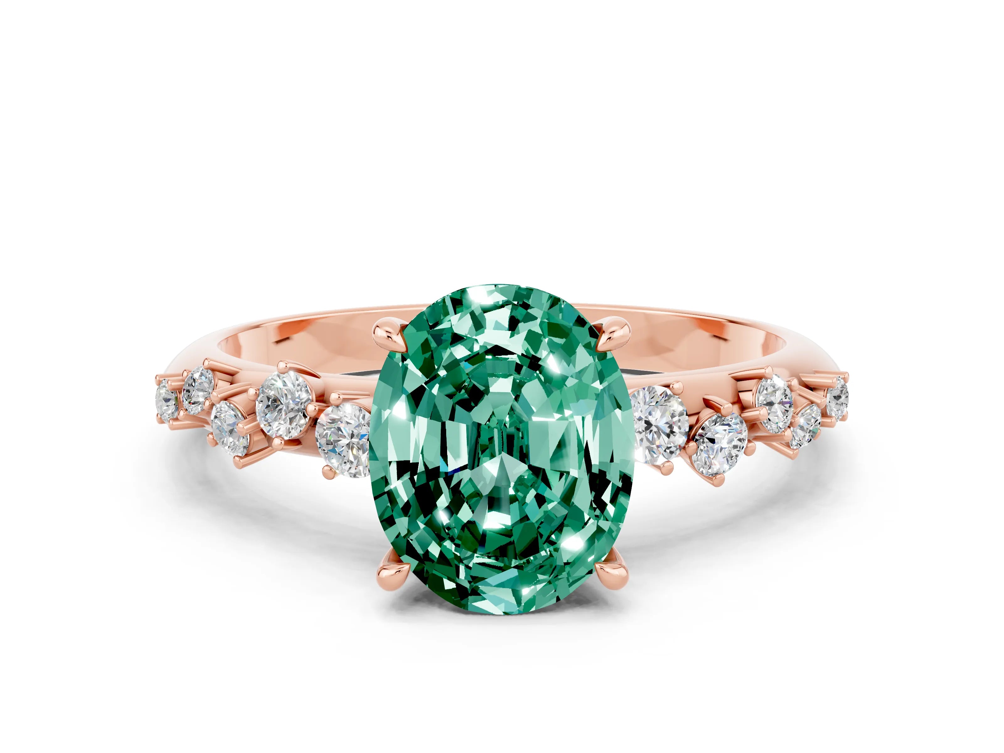 Rose gold Oval Cut Green Sapphire Cluster Side Stone Solitaire Ring with Prong Setting_24