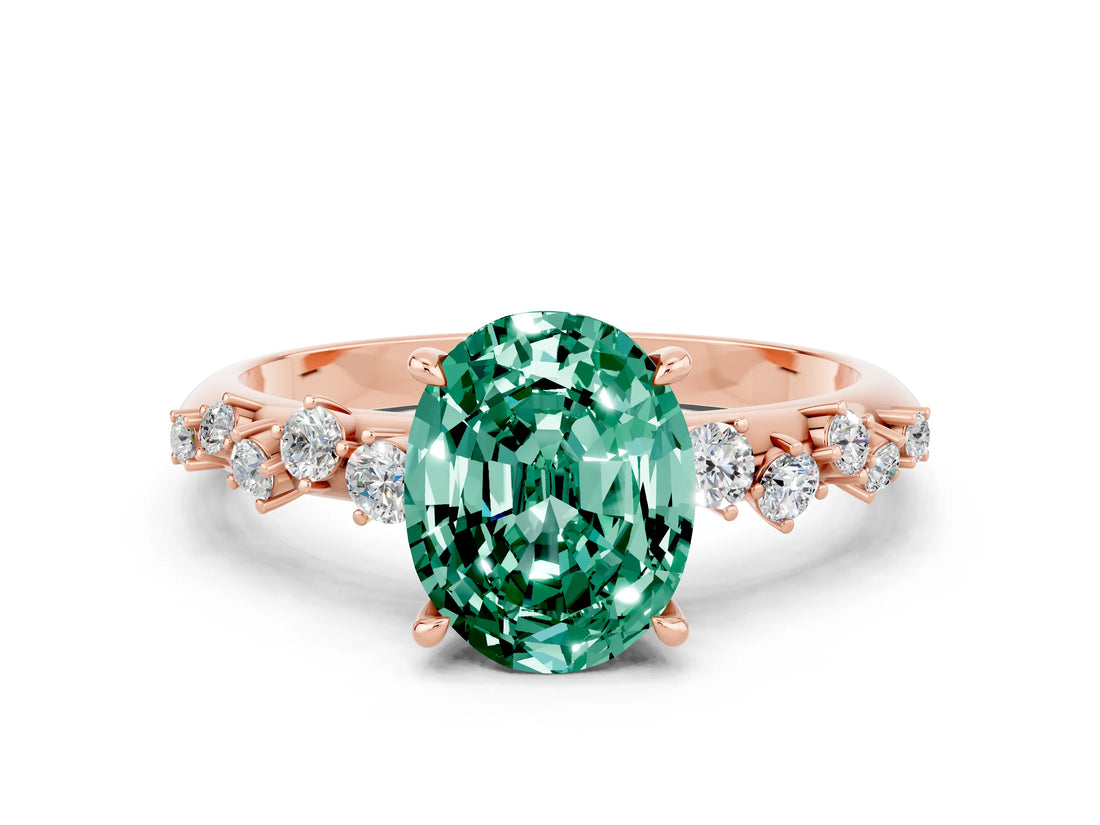 Rose gold Oval Cut Green Sapphire Cluster Side Stone Solitaire Ring with Prong Setting_24