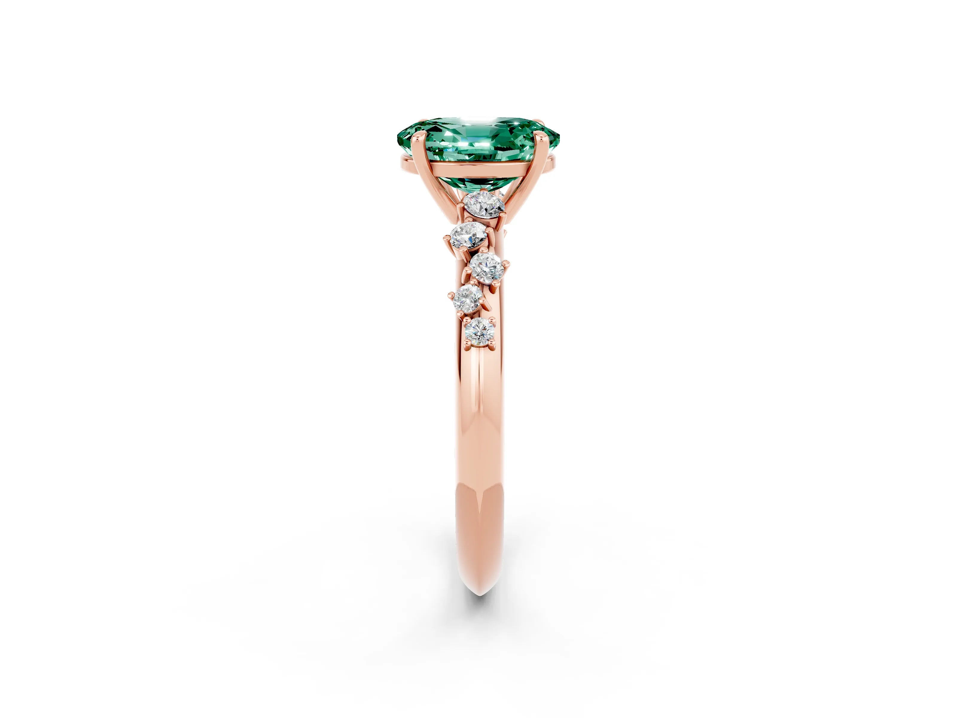 Rose gold Oval Cut Green Sapphire Cluster Side Stone Solitaire Ring with Prong Setting_26