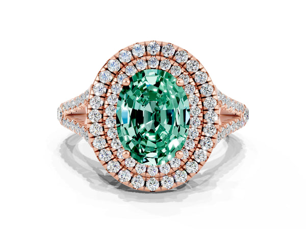 Rose gold Oval Cut Green Sapphire Double Halo Ring with Pavé Band and Prong Setting