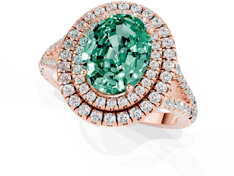 Rose gold Oval Cut Green Sapphire Double Halo Ring with Pavé Band and Prong Setting_13