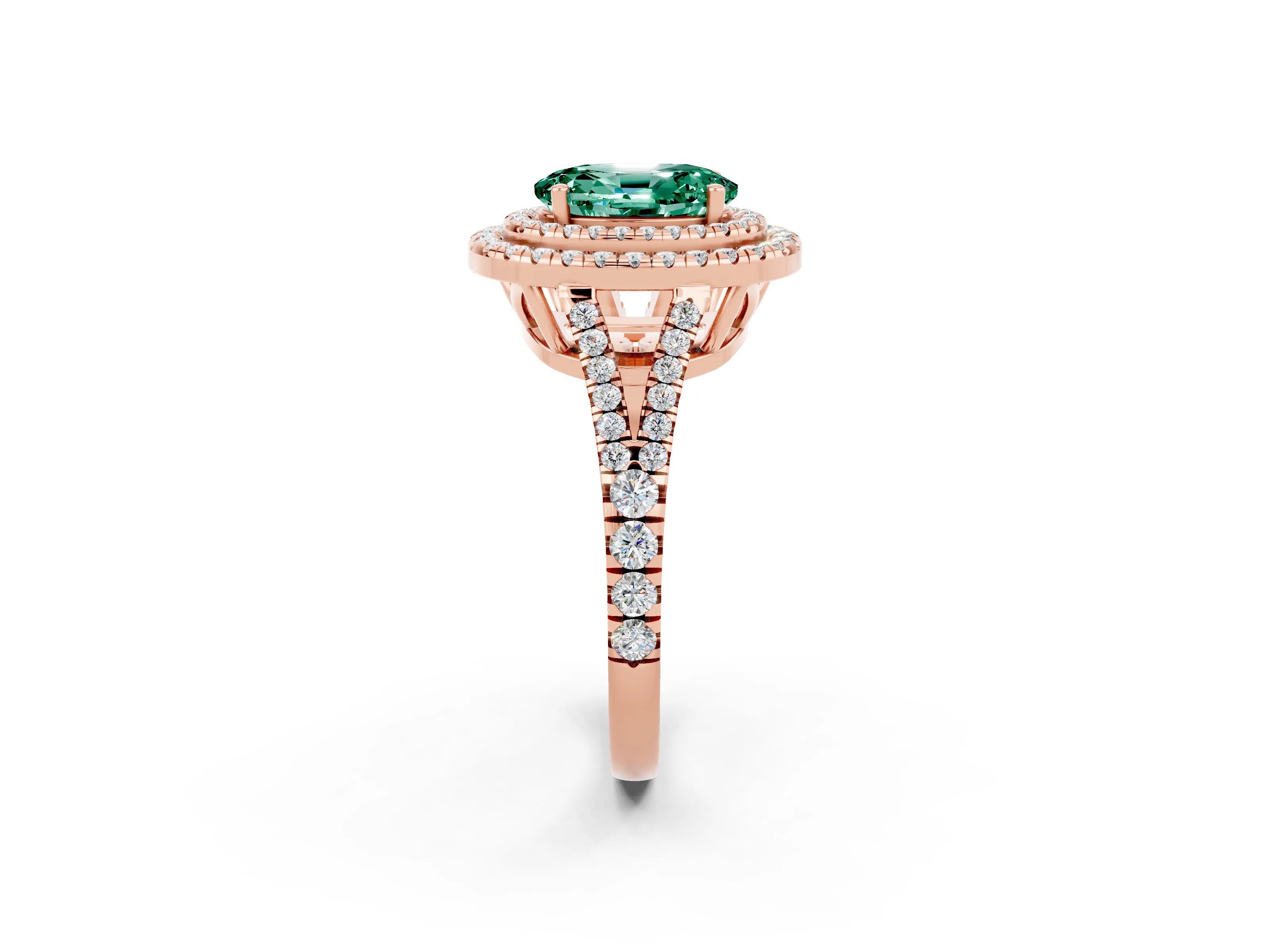 Rose gold Oval Cut Green Sapphire Double Halo Ring with Pavé Band and Prong Setting_14
