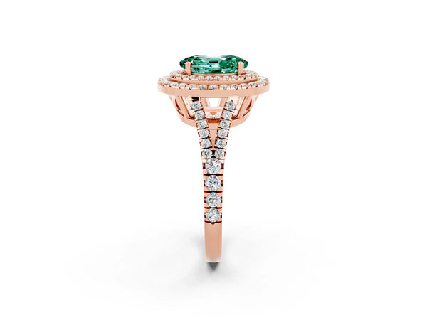 Rose gold Oval Cut Green Sapphire Double Halo Ring with Pavé Band and Prong Setting