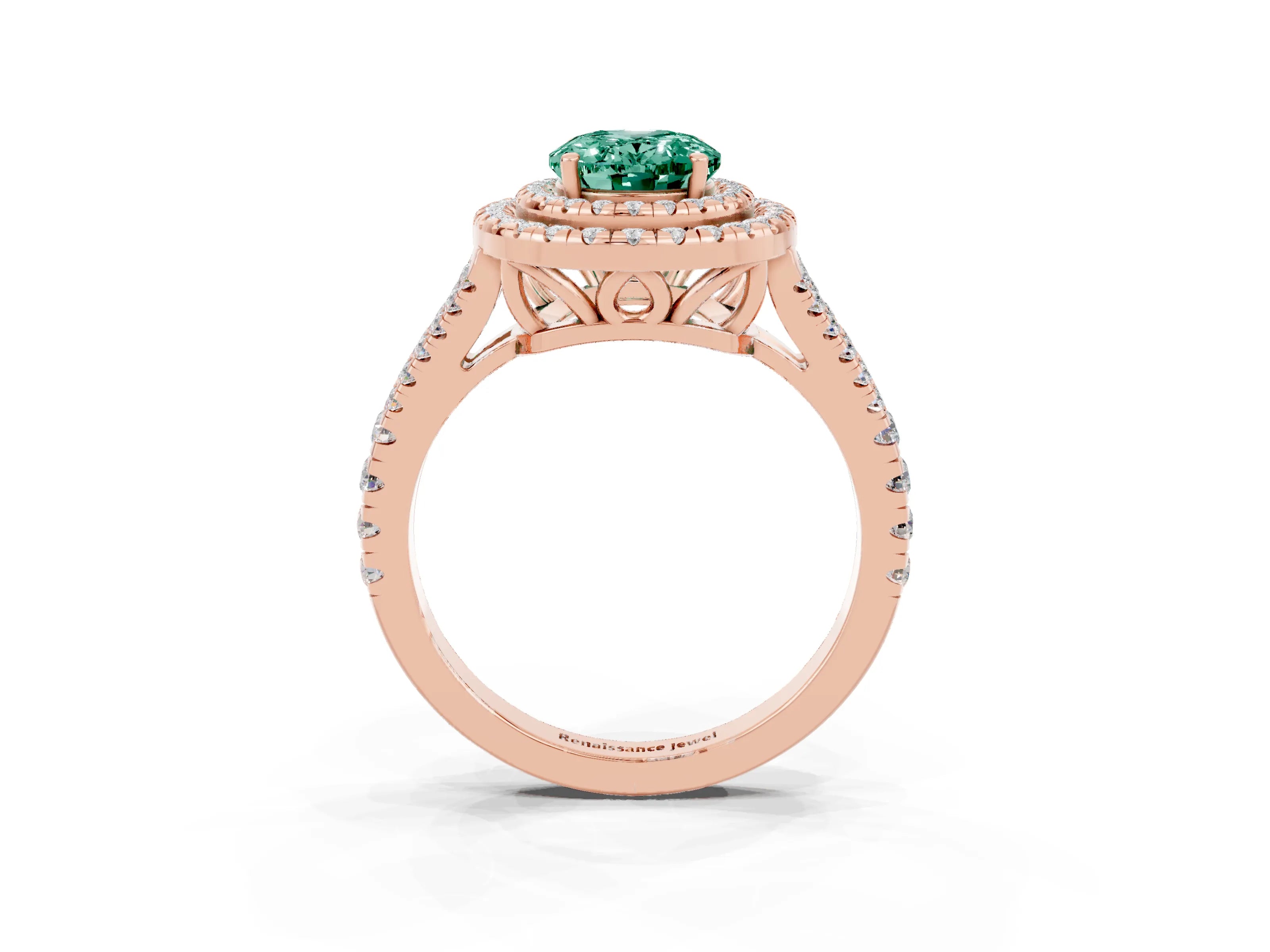 Rose gold Oval Cut Green Sapphire Double Halo Ring with Pavé Band and Prong Setting_15