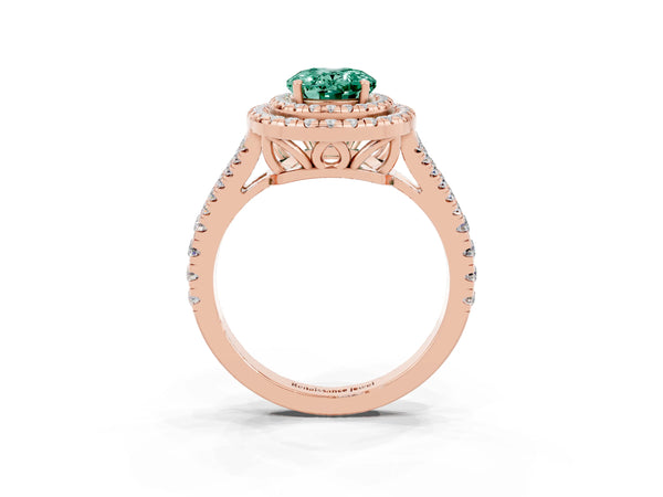 Rose gold Oval Cut Green Sapphire Double Halo Ring with Pavé Band and Prong Setting