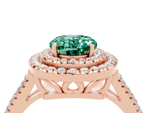 Rose gold Oval Cut Green Sapphire Double Halo Ring with Pavé Band and Prong Setting_16