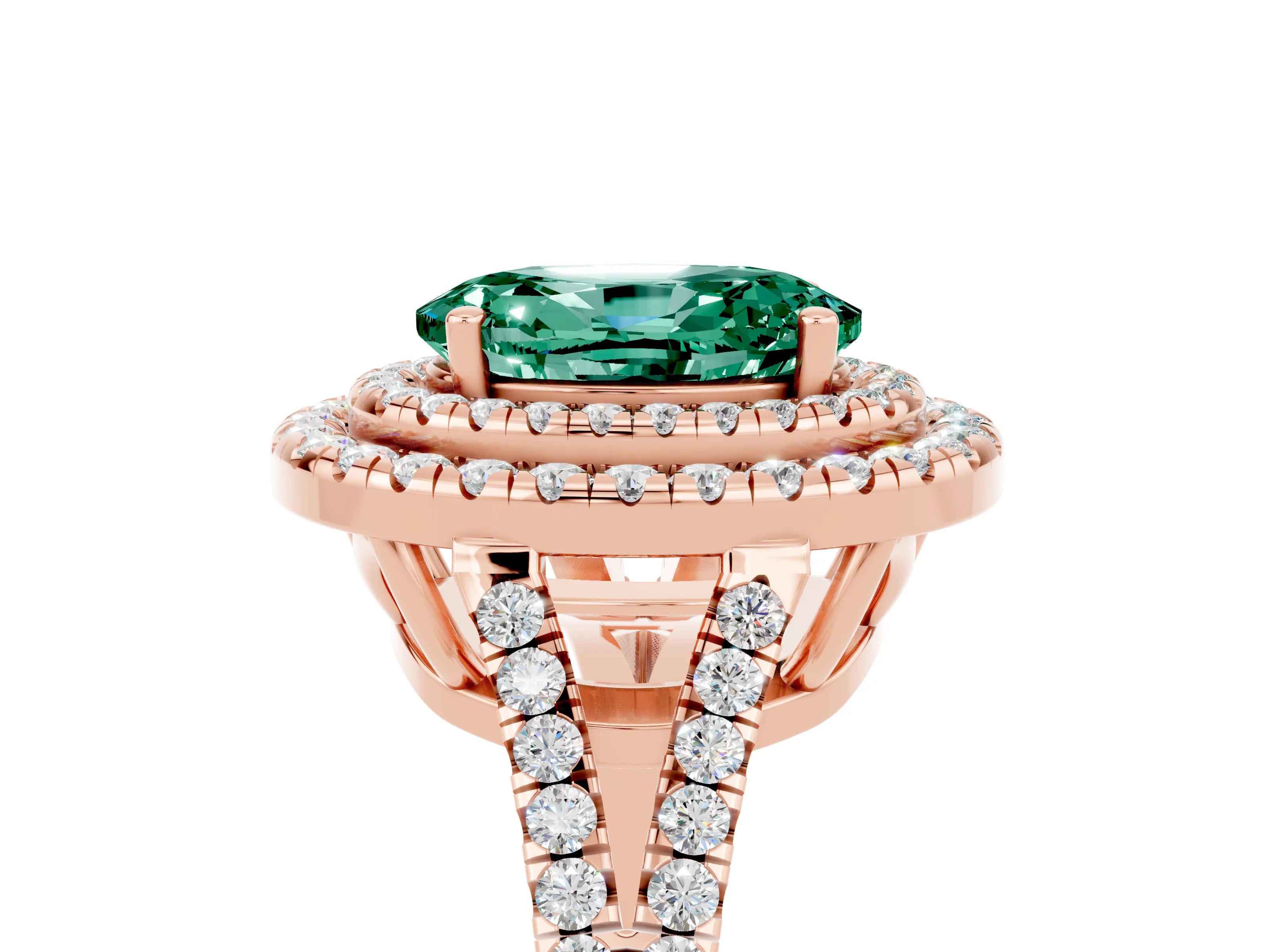 Rose gold Oval Cut Green Sapphire Double Halo Ring with Pavé Band and Prong Setting_17