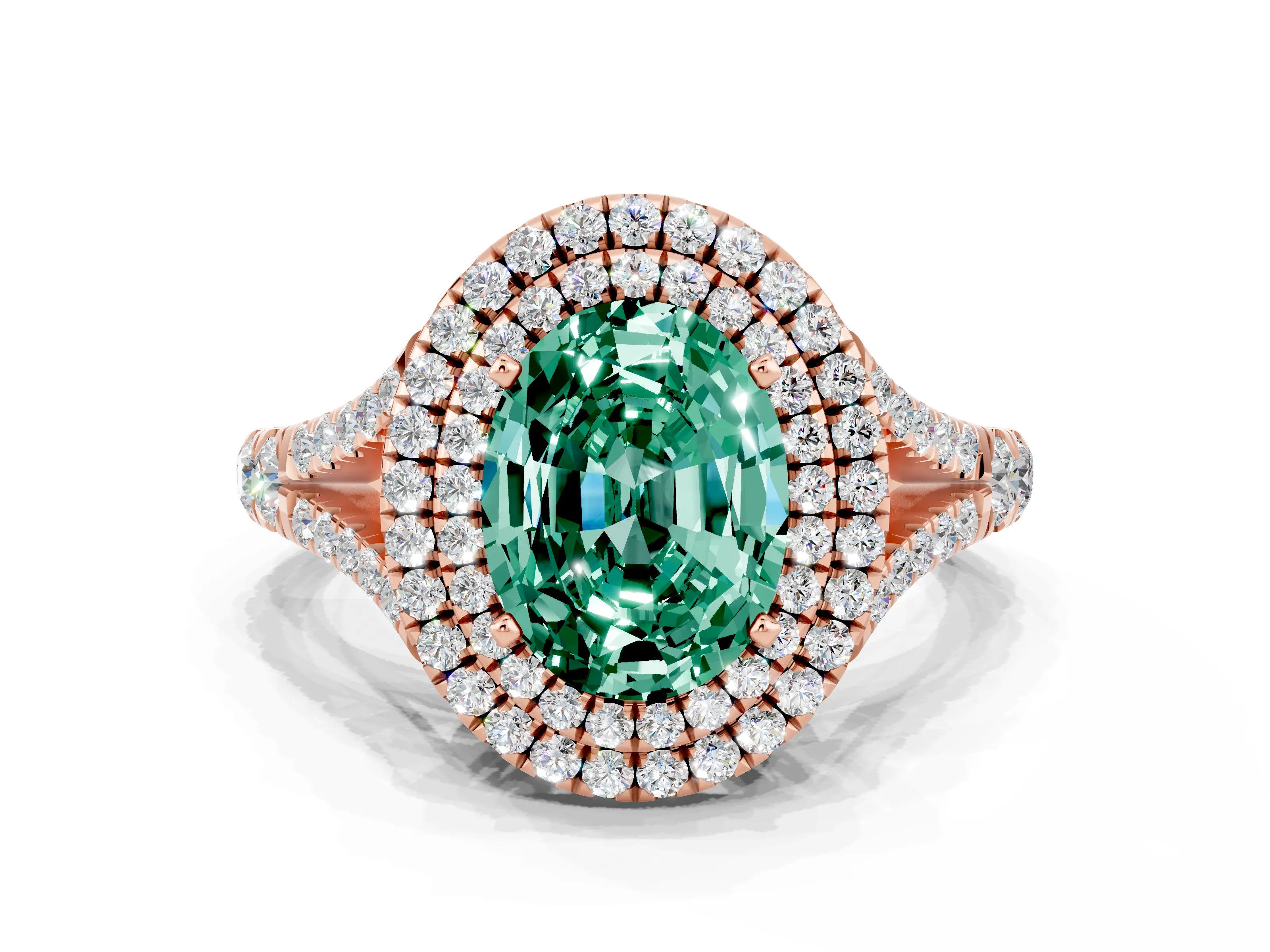 Rose gold Oval Cut Green Sapphire Double Halo Ring with Split Shank and Prong Setting_12