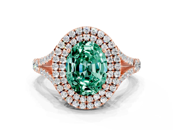 Rose gold Oval Cut Green Sapphire Double Halo Ring with Split Shank and Prong Setting