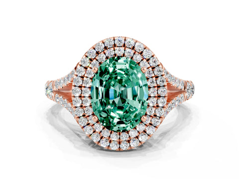 Rose gold Oval Cut Green Sapphire Double Halo Ring with Split Shank and Prong Setting_12