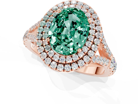 Rose gold Oval Cut Green Sapphire Double Halo Ring with Split Shank and Prong Setting_13