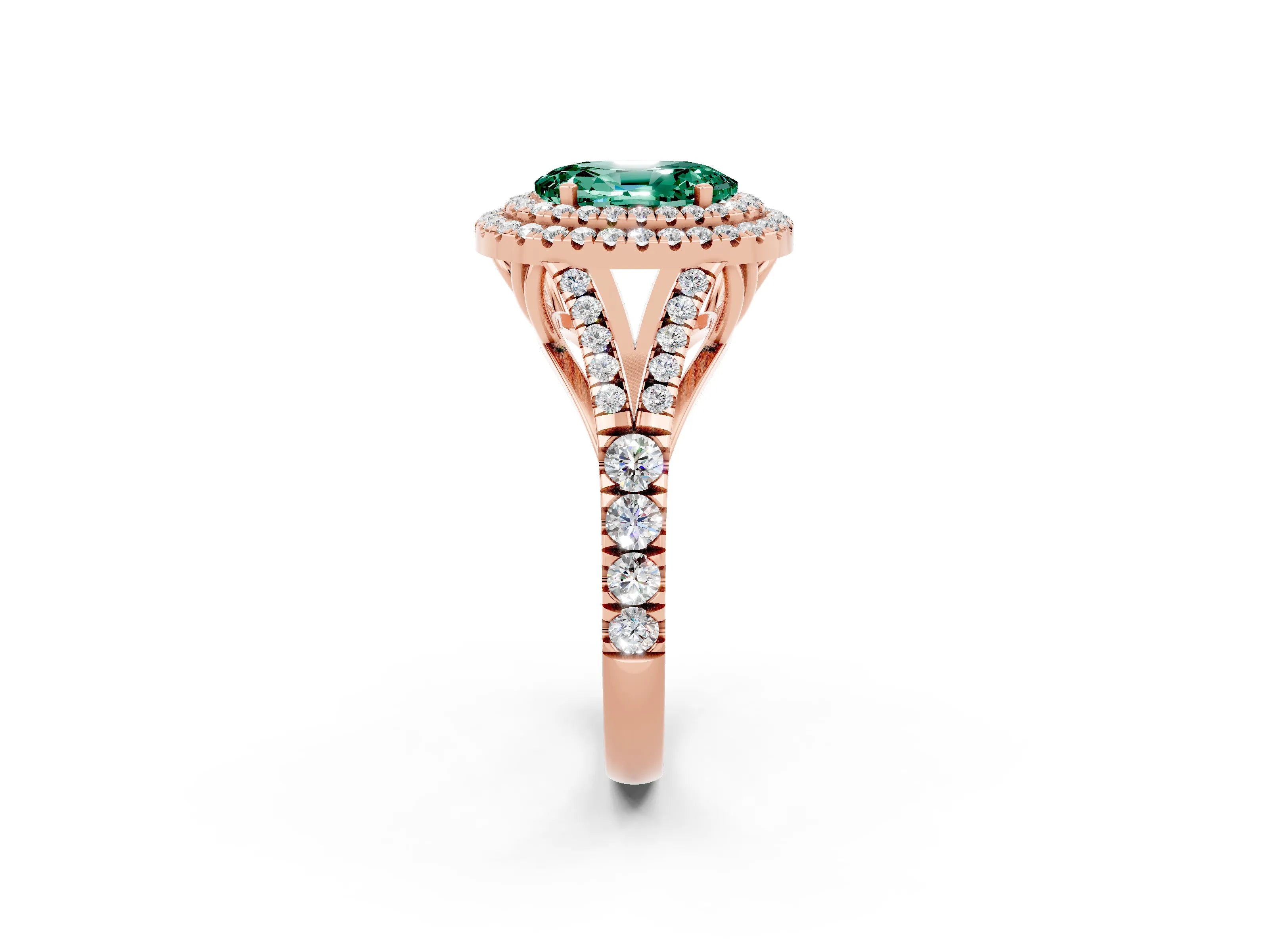 Rose gold Oval Cut Green Sapphire Double Halo Ring with Split Shank and Prong Setting_14