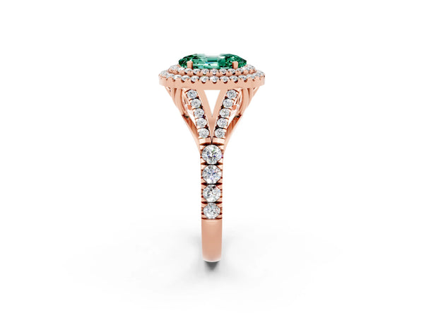 Rose gold Oval Cut Green Sapphire Double Halo Ring with Split Shank and Prong Setting