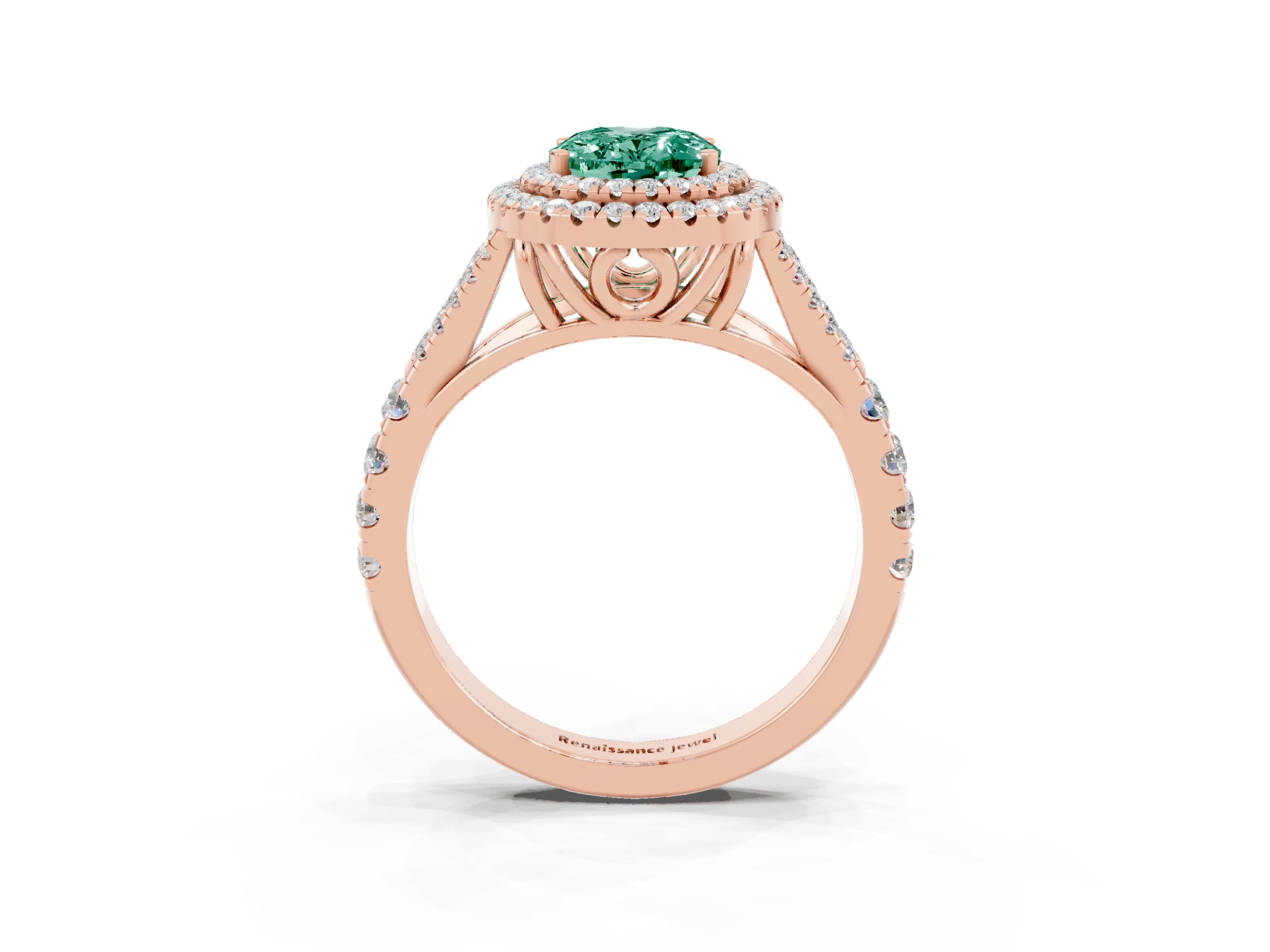 Rose gold Oval Cut Green Sapphire Double Halo Ring with Split Shank and Prong Setting_15